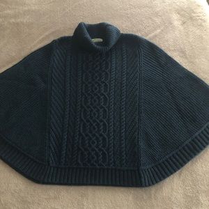 Aran Craft merino wool poncho size XXL with  wide turtleneck. Navy w/teal weave